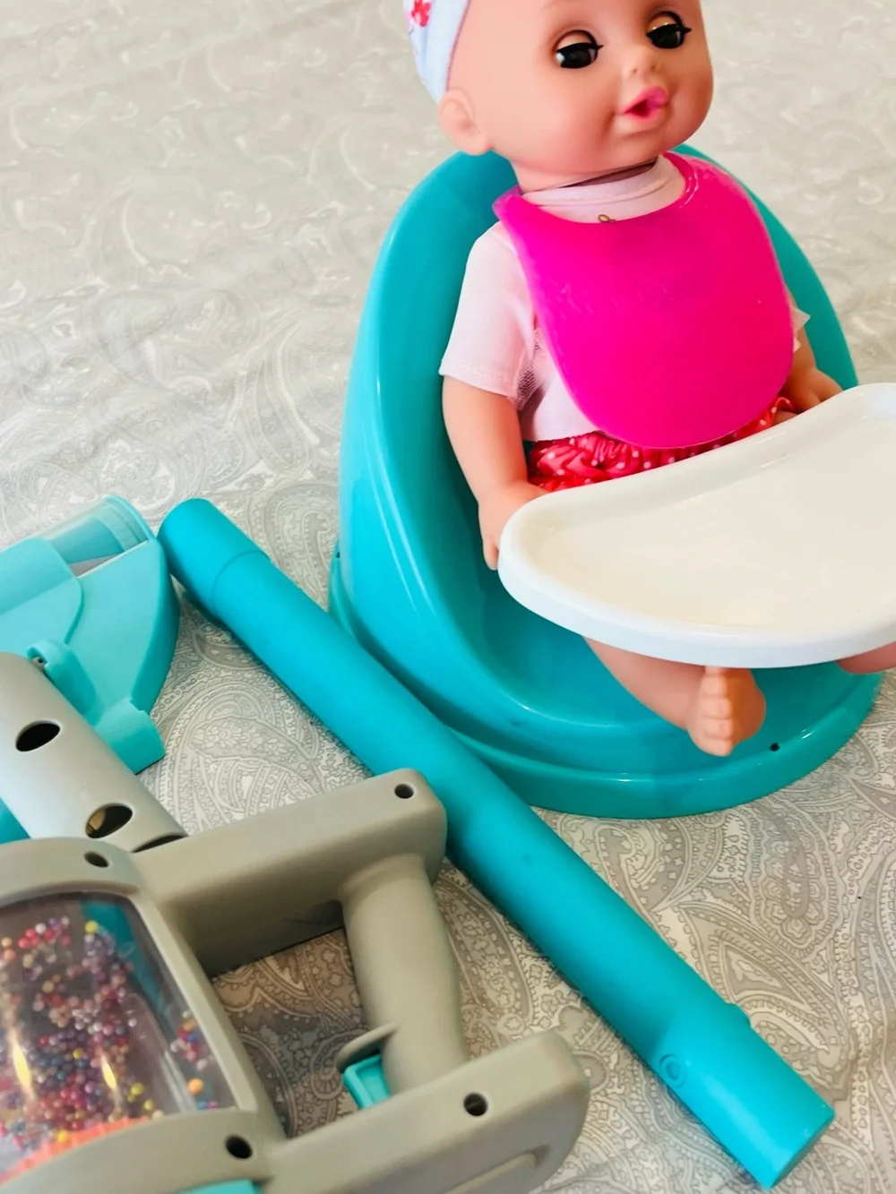 Baby Doll with Bright Pink Silicone Bib and Teal Seat & doll vacuum furniture